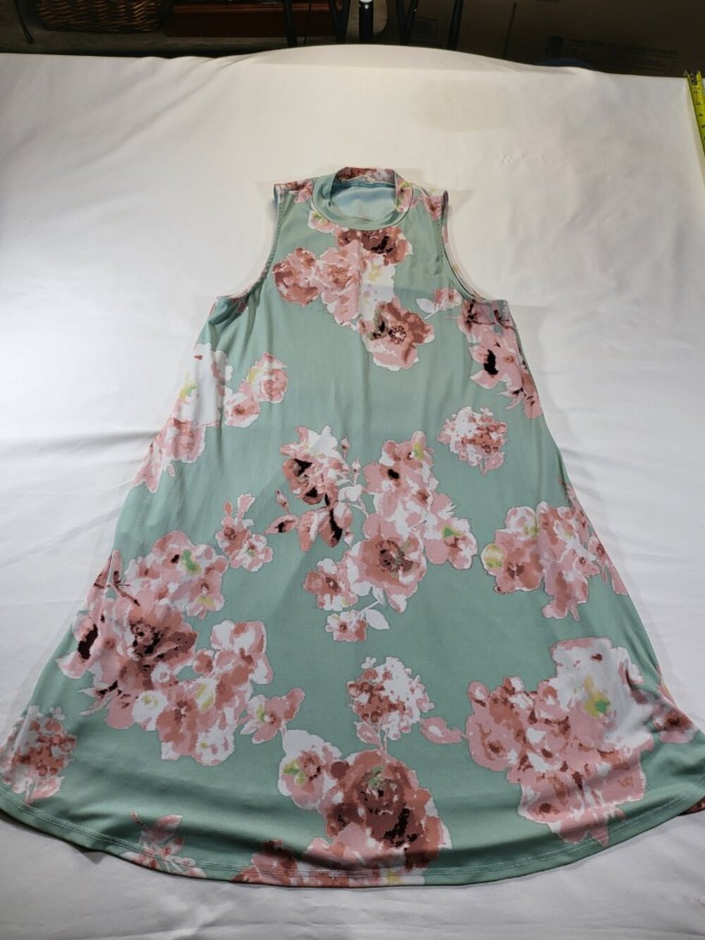 Peach Love California‎ Mint Green Floral Mock Neck Sleeveless Swing Dress Size S